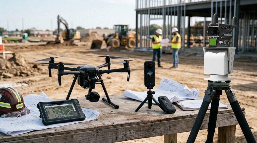 A drone, a 360° camera and a LiDAR scanner on a tripod set up on a construction site, with excavators and a steel frame behind