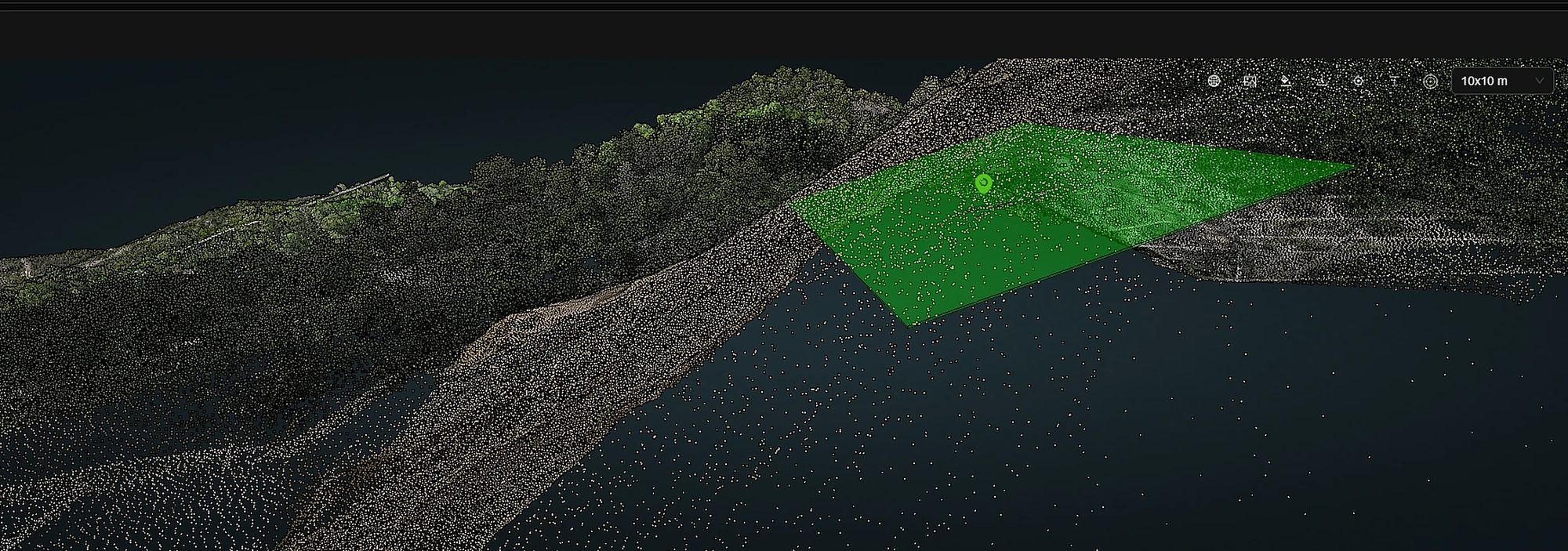 Point cloud of an excavated hillside in SpatialSense with a green 10 by 10 metre safe-build zone